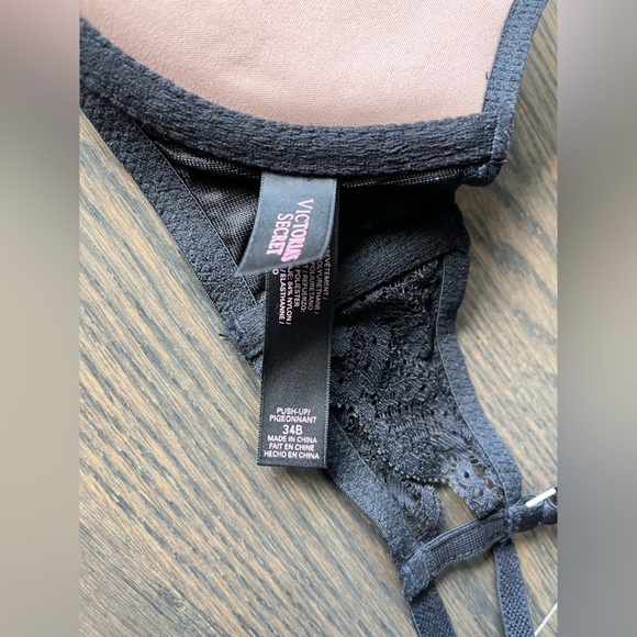 Victoria secret black lace and faux leather pushup bra 34B with boning - Picture 8 of 11